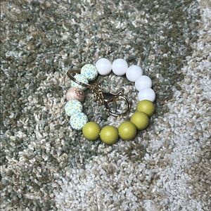 Wildflower Olive Green Cream Keychain Bracelet Wristlet Silicone Beaded 1 Wooden